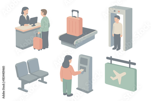 Airport Travel Workflow. Isometric vector illustration set of airport travel workflow: check-in counter, luggage drop icon,