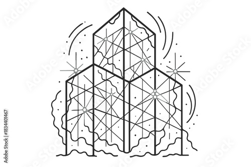 Radiant Oxidized Geometry. Line vector icons of an oxidized surface on a crystalline building: tarnished geometric outlines,