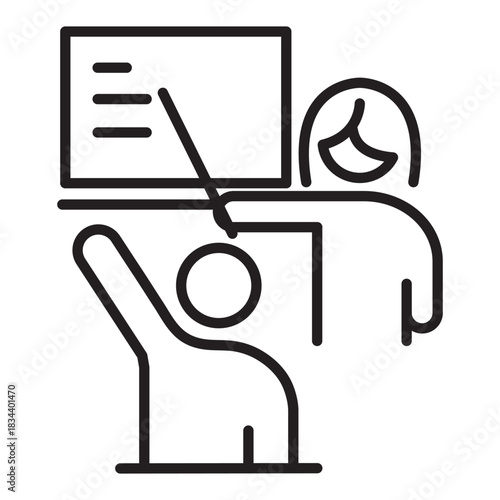 Clean line drawing of a teacher instructing students with a pointer and board one student raising hand in a bright