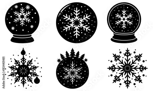 Charming winter holidays snowflakes and snow globes collection, perfect for festive season designs, greeting cards, and holiday promotions, originally a vector graphic
