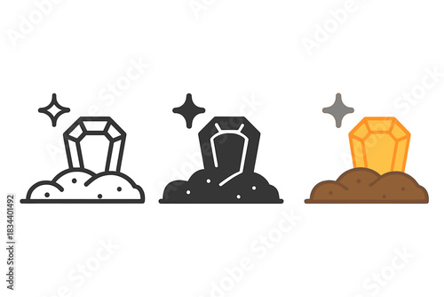 Forest Treasure Icons. three minimal vector icons of a sparkling gem or coin found on earthy forest ground, line outline style,