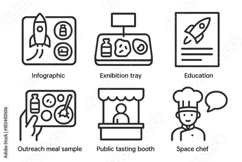 Space Outreach Icons. Line style icons of public outreach and communication: food-in-space infographic, exhibition sample tray,