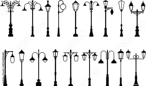 Collection of Ornate and Modern Street Lamp Silhouettes on White Background Keywords: street lamp, lamppost, lighting, vintage