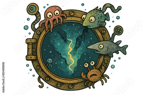 Submarine Porthole Adventure. Whimsical doodle submarine porthole framing a glowing map of a deep ocean trench, curious sea