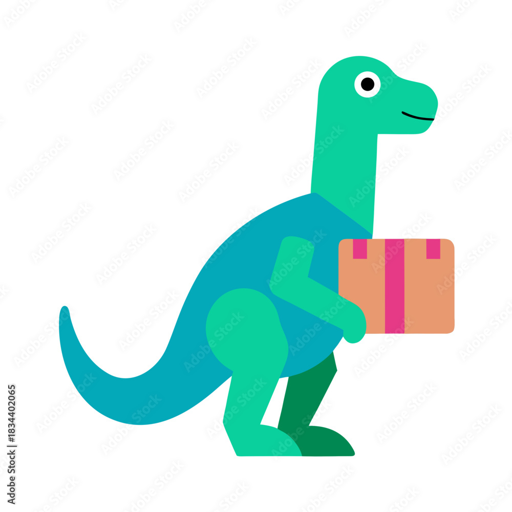 Fototapeta premium Cute cartoon dinosaur carrying a package