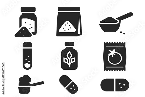 Powdered Ingredient Icons. Solid style icons of powdered ingredients: spice dust jar, flavor powder bag, protein flour scoop.