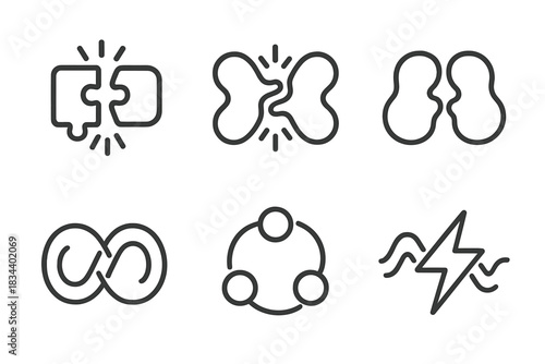 Dynamic Fusion Icons. Line vector icons of dynamic fusion patterns: glowing puzzle merges, oscillating joint outlines, vibrant
