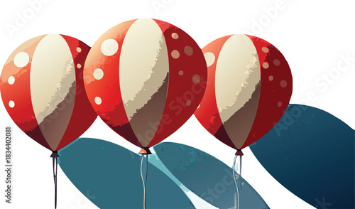Three red and white striped balloons with polka dots and shadows