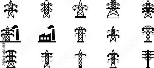 Icon set of electricity pylons, power towers, and industrial factory energy