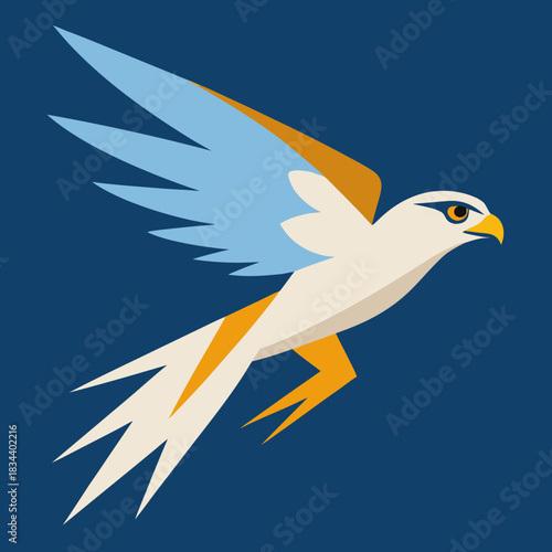 Stylized falcon in flight with blue and orange accents