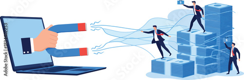 Business team climbing growth chart, attracted by laptop magnet