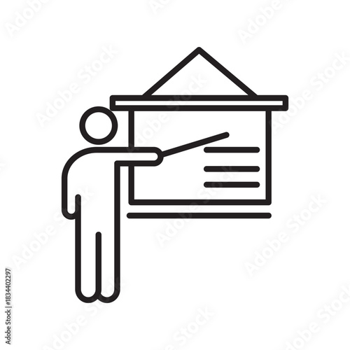 Crisp white icon of presentation a minimalist teacher delivering knowledge via pointer in a modern clean design on a