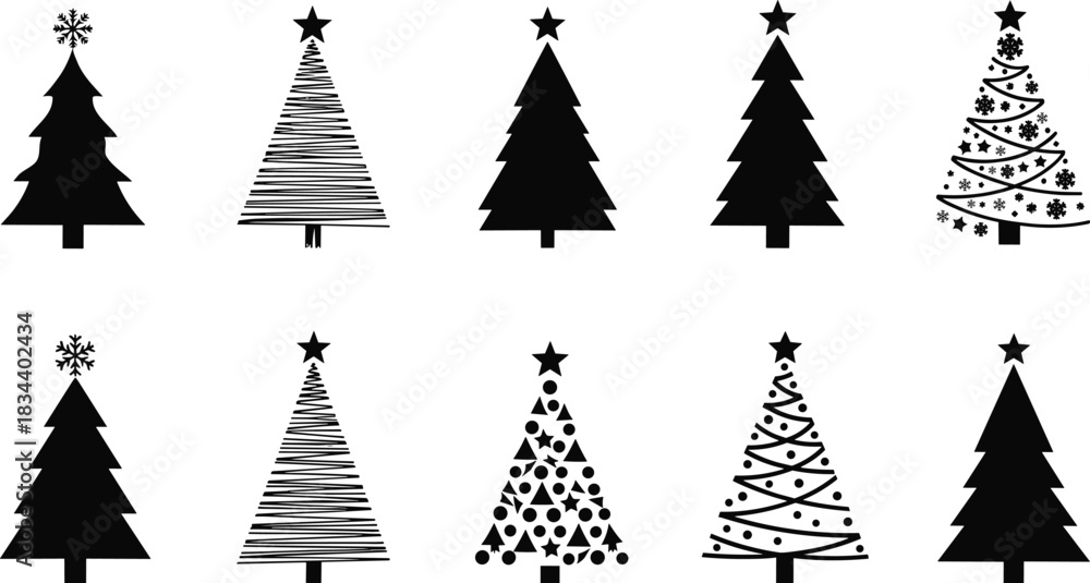 Fototapeta premium Collection of black christmas trees on white background for decoration