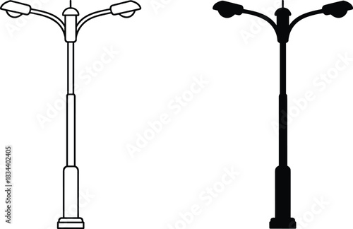 Outline and Silhouette of a Three- Light Street Lamp Post on White Background lighting outdoor lighting
