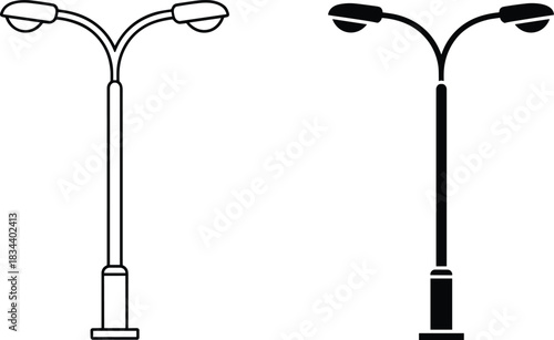 Outline and Silhouette of a Two- Light Street Lamp Post on White Background lighting outdoor lighting
