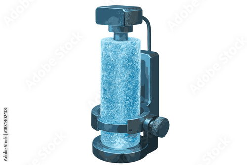 Icy Core Analysis. a precise ice core sample analyzer glowing with frost details and tiny trapped air bubbles, icy blue and silver