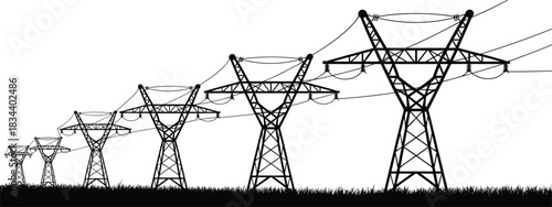 Row of Electricity Pylons and Power Lines Against White Background power tower transmission tower