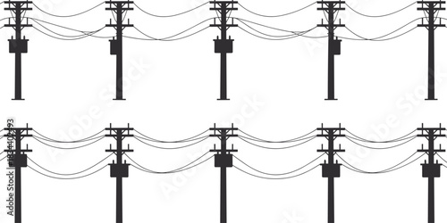 Row of Silhouette Power Poles with Wires and Transformers on White Background Keywords: power pole, electricity, utility pole