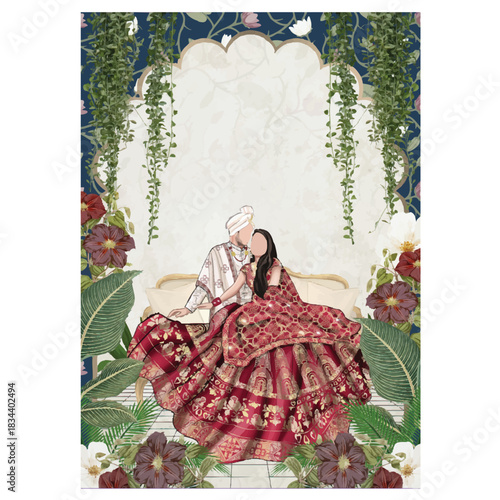 Elegant Indian Wedding Couple Illustration – Traditional Bride and Groom in Floral Decorative Background