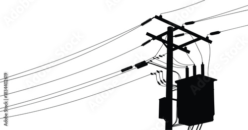Silhouette of a utility pole with a transformer and electrical wires against a white background electricity