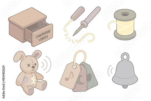 Restored Childhood Memories. Isometric vector illustration set Abandoned toy restoration and memory recovery: drawer labeled