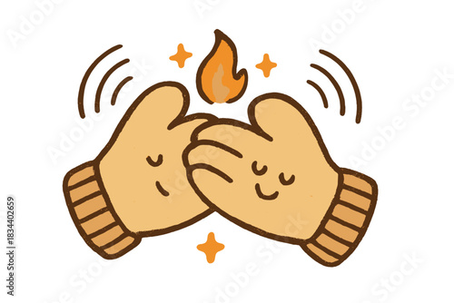 Gloves Creating Warmth. Charming doodle pair of gloves rubbing together to make fire sound waves, tiny sparks of warmth and rhythm