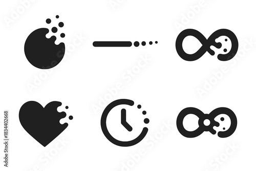 Temporal Icon Set. Solid style icons of temporal transcendence: evaporating moment orb, vanishing continuity line, fleeting