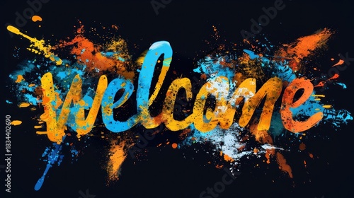 Colorful welcome text illustration on a dark background with splatter