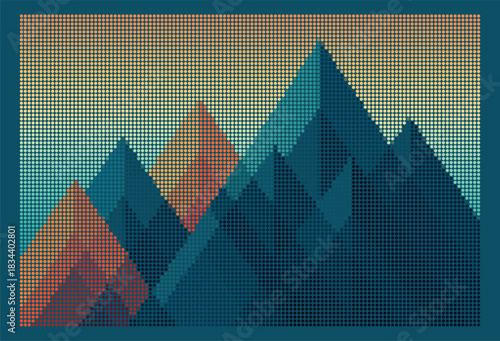 Abstract Geometric Mountain Landscape Halftone Dot Art Print Retro Stipple Mosaic Peaks with Orange and Teal Gradient Sky Background Minimalist Pointillism Wall Decor Design