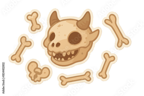 Cute Mythical Fossil. A tiny fossilized skull of a mythical beast, smiling and simplified for cuteness, surrounded by miniature
