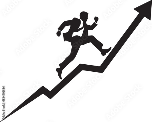 Silhouette man in suit running up black arrow graph vector