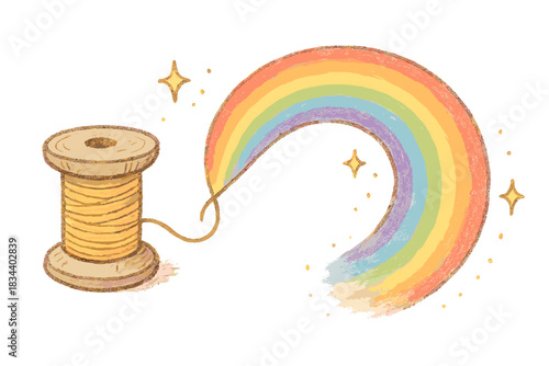 Rainbow Thread Magic. Charming doodle spool of thread unraveling into a vibrant rainbow arc, soft sparkles following the colorful