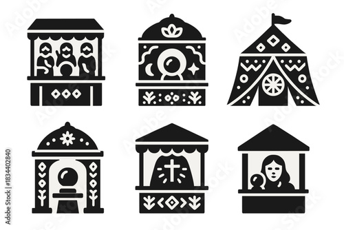 Cultural Symbolism Icons. Solid style icons of cultural symbolism: traditional fate stall, ornate destiny kiosk, patterned karma