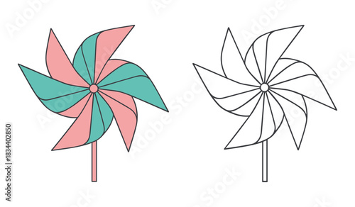 Pink and Teal Pinwheel Toy Isolated on White Background with Outline Version windmill spinner