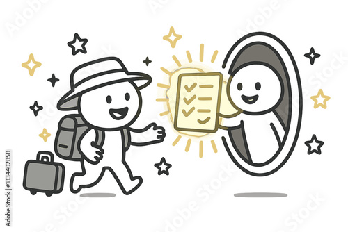Happy Traveler's Checklist. Cute doodle vector of happy traveler receiving glowing safety checklist from friendly portal assistant