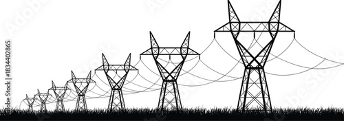 Silhouette of multiple electricity pylons in a row with grass power line transmission tower