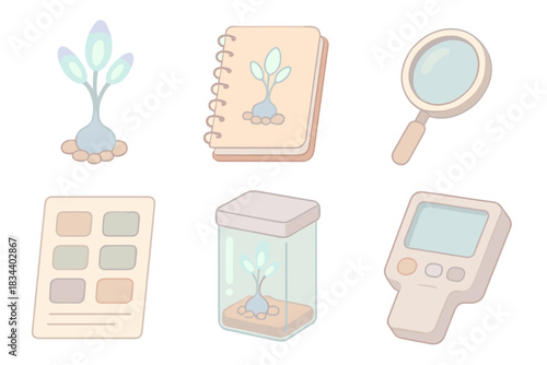 Interstellar Flora Study Kit. Isometric vector illustration set of interstellar flora study kit: bioluminescent plant sample,