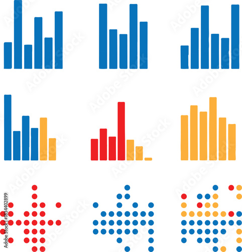 Blue orange red bar charts and dot graphs on white background data statistics vector illustration EPS file download.
