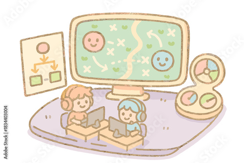 Pastel Esports Strategy. A miniature esports scene with cheerful tactical map, stat dials, and strategy flowchart, soft pastel