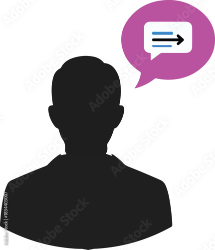 Black silhouette of person with purple speech bubble and arrow head shoulders vector illustration EPS file download.
