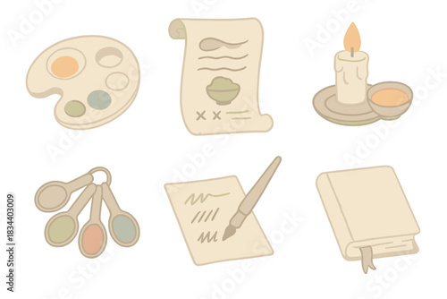 Medieval Manuscript Tools. Isometric vector illustration set Medieval manuscript pigment recreation: egg tempera blending tray,