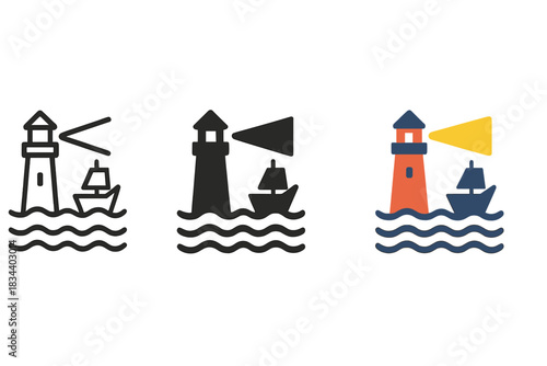 Ocean Icons Collection. three minimal vector icons of ocean waves with a lighthouse illuminating a nearby ship, line outline style