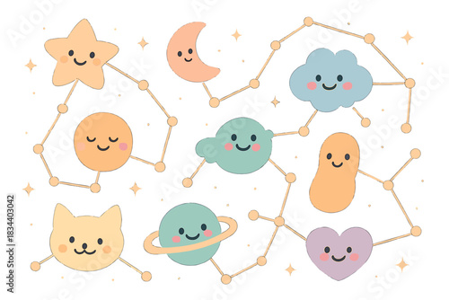 Playful Constellations Chart. A playful star chart with happy emotional constellation icons, tiny sparkles around, gentle friendly