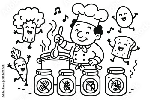 Chef's Allergen-Free Dance Party. Fun doodle illustration of a cute chef character preparing allergen-free recipes while happy