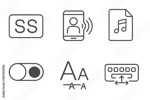 Accessibility Icons. Line style icons of accessibility in microlearning: subtitles symbol, screen reader icon, audio transcript