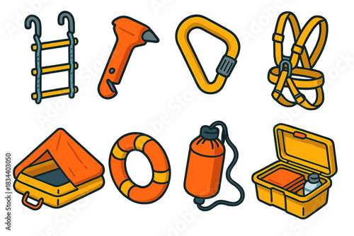 Disaster Preparedness Tools. Isometric vector illustration set Disaster preparedness – rope ladder, window escape tool, seatbelt