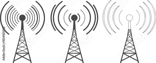 Three Icons Of Radio Towers Emitting Radio Waves On White Background antenna broadcast