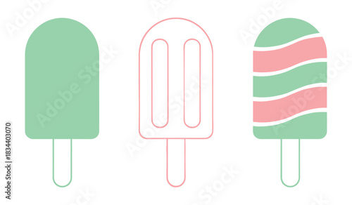 Three Popsicles Isolated on White Background One Green One Outline One Striped ice pop frozen