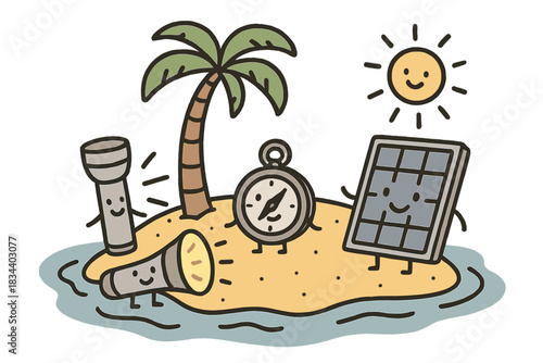 Helping Island Gadgets. Charming doodle art of a stranded island setup with smiling gadgets helping each other — flashlight
