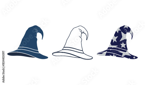 Three Wizard Hats Isolated on White Background One Blue One Outline One Star Pattern witch hat magic